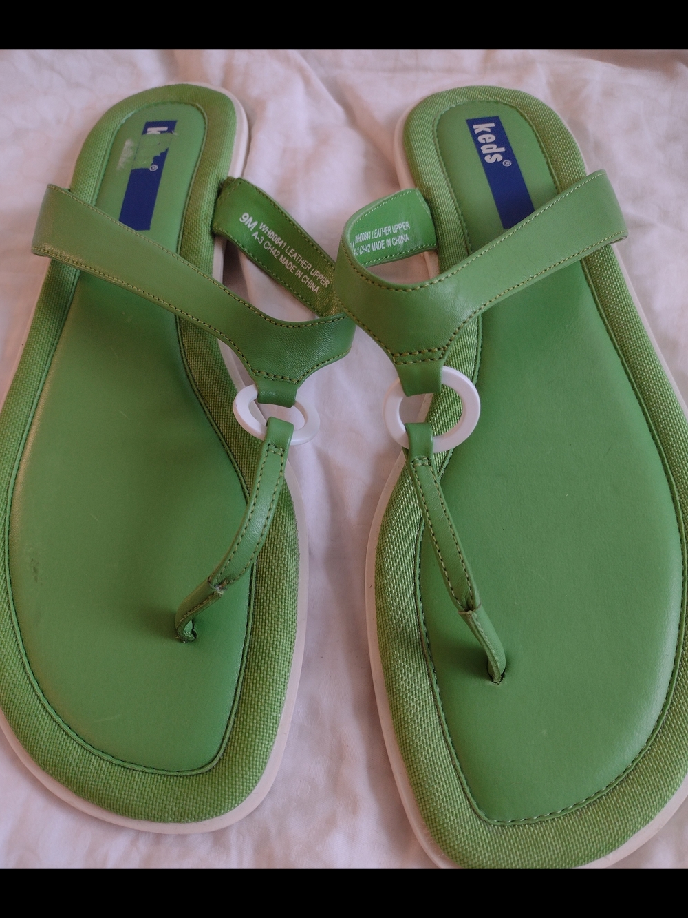 Keds Leather Green Toe-Ring Sandals White Accent (Sz 9) Vintage Preppy Classic - Picture 3 of 5